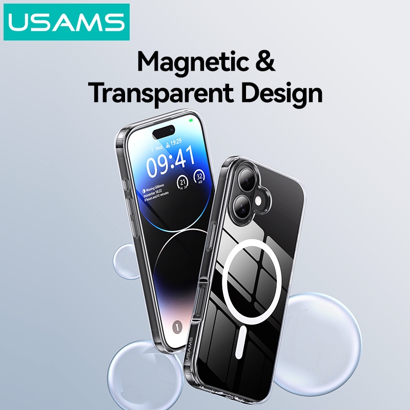 Usams เคสโทรศัพท์แม่เหล็กโปร่งใสชาร์จไร้สายฝาครอบโทรศัพท์เคสโทรศัพท์ใสเข้ากันได้สําหรับ iPhone 16 Pro Max
