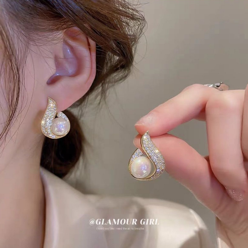 ต่างหูทรงหยดน้ําอัญมณีมุกหรูหราเครื่องประดับแฟชั่น