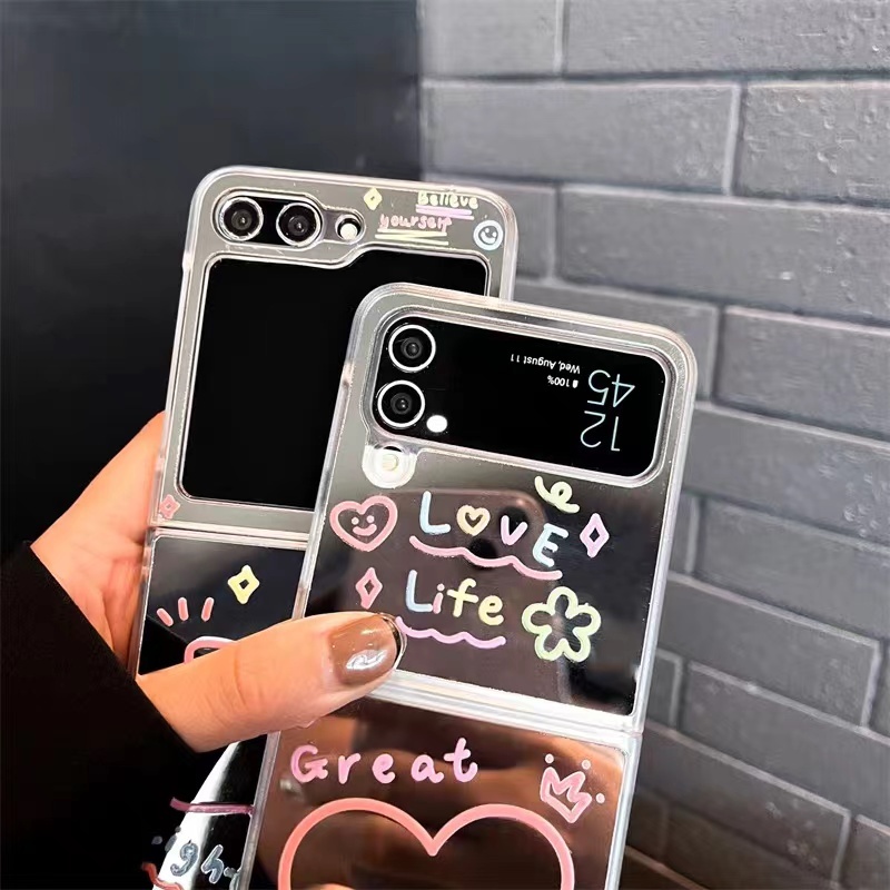 Love Cherry Samsung เคสโทรศัพท์กระจกลายการ์ตูน สําหรับ Z Flip6/Z Flip5/Z Flip4/Z Flip3 ฝาพับป้องกัน