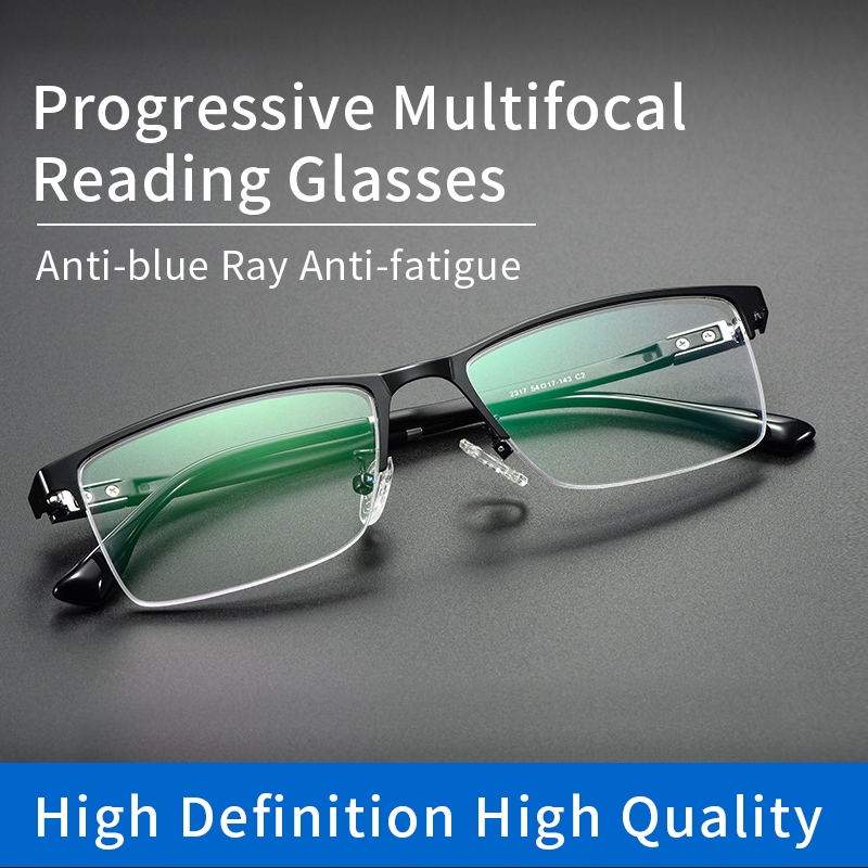 Progressive Multifocal แว่นอ่านหนังสือ Blue Light Blocking สําหรับผู้ชาย, กรอบครึ่งสี่เหลี่ยม, เพิ่มเป็นศูนย์บนเลนส์ด้านบน