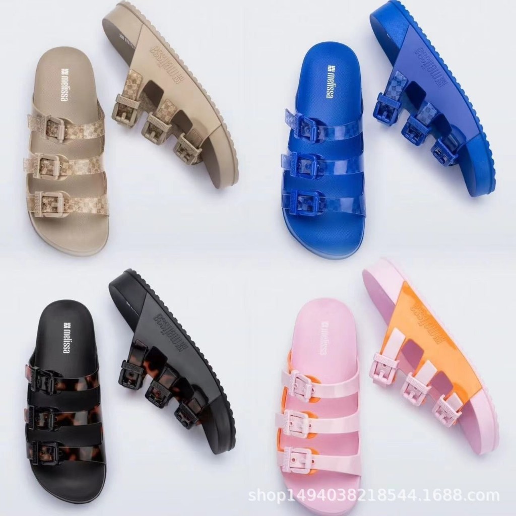 Melissa 2025 รองเท้าแตะผู้หญิงสไตล์ใหม่ Flip-Flops หนาSoled Buckle Jelly รองเท้าลําลองรองเท้าชายหาดกันลื่น
