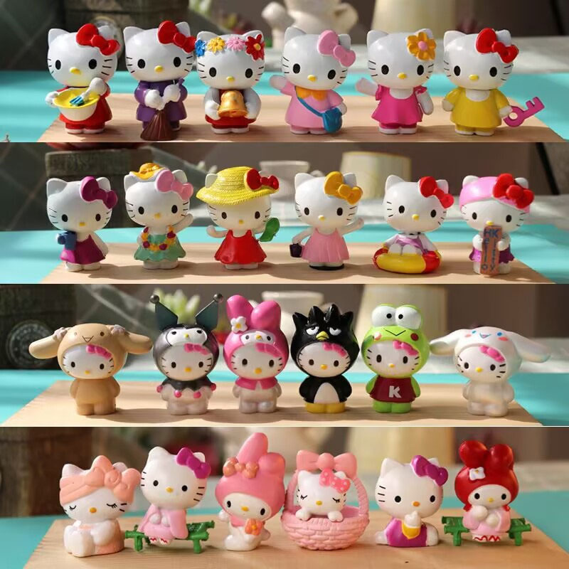 6 ชิ้น Sanrio Figuren ตุ๊กตา Hello Kitty My Melody Kuromi Cinnamoroll Action Figure เค้กตกแต่งเดสก์ท็อปของเล่นรถตกแต่งของขวัญเด็ก