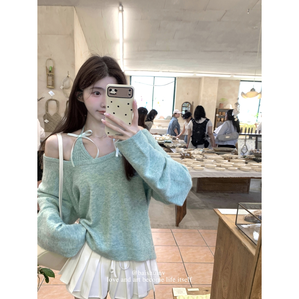 NZN เสื้อยืดแขนยาวเปิดไหล่ผู้หญิงโบว์เชือกแขวนคอ
