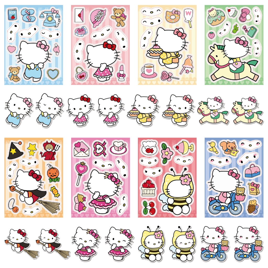8 แผ่น Make A Face Original Hello Kitty สติกเกอร์สําหรับเด็กผู้หญิง DIY เครื่องเขียนสติกเกอร์สร้างสรรค์