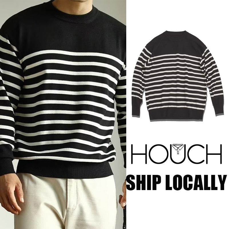 Houch พร้อมส่ง COD ผู้ชายลายถักด้านบนสไตล์เกาหลีหลวมพอดีกับแขนยาว