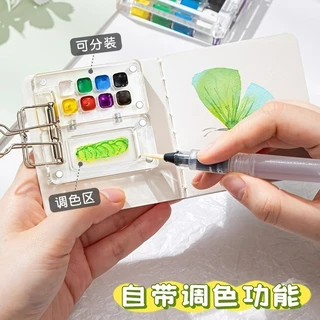 มินิสีน้ําสีวอลนัทกล่องอะคริลิคใสกล่องแบบพกพาแบบพกพาคู่มือ Sketch Travel ภาพวาดหนังสือ Palette