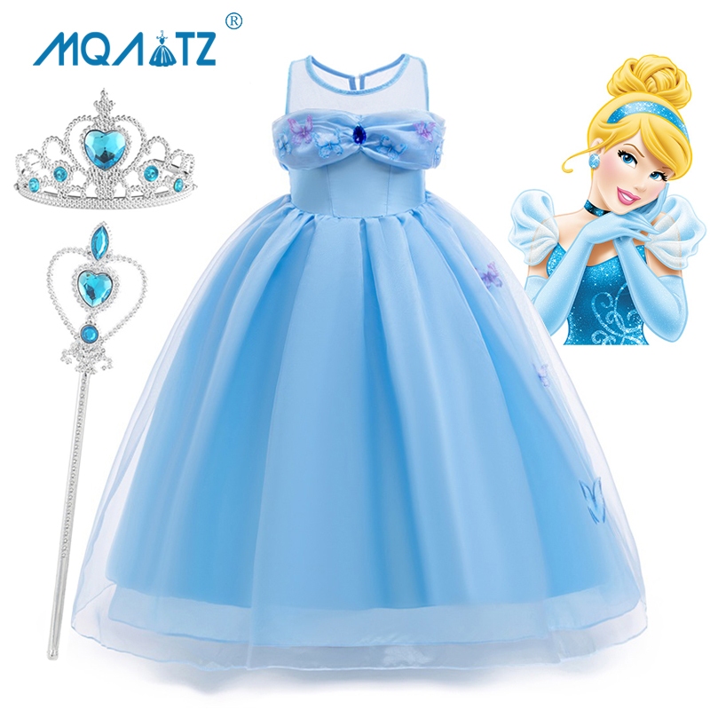 Mqatz แฟนตาซีสีฟ้าคอสเพลย์ชุดแขนกุดสาวดําเนินการเครื่องแต่งกายดอกไม้วันเกิดชุดเจ้าหญิง 3-10 ปี ASMR0