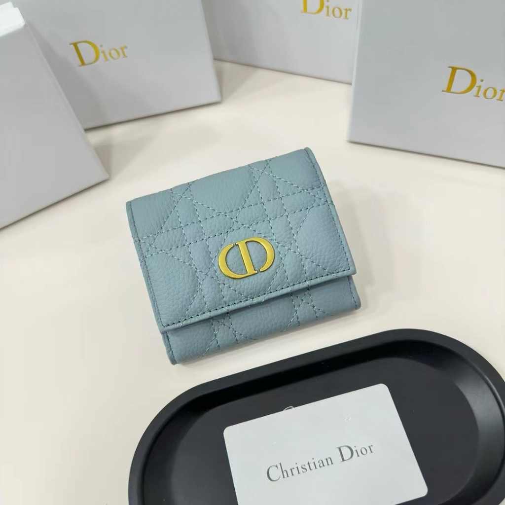 [ของแท้ดั้งเดิมพร้อมกล่องบรรจุภัณฑ์] Dior Caro Series หวายลายสก๊อตโลโก้หนังลูกวัวกระเป๋าหนังแท้ 100%