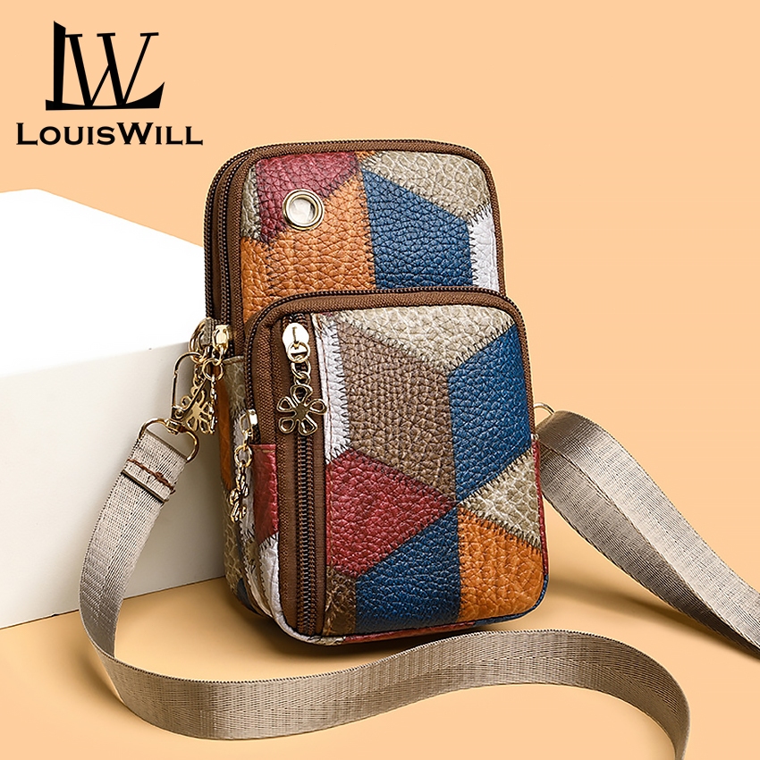 Louiswill ผู้หญิงs กระเป๋าโทรศัพท์แฟชั่น Bohemian สไตล์ Splicing Contrast Arm Elastic Band Design หูฟังออกแบบรูกระเป๋าหนัง PU นุ่ม Retro การพิมพ์กระเป๋าสําหรับผู้หญิงแม่