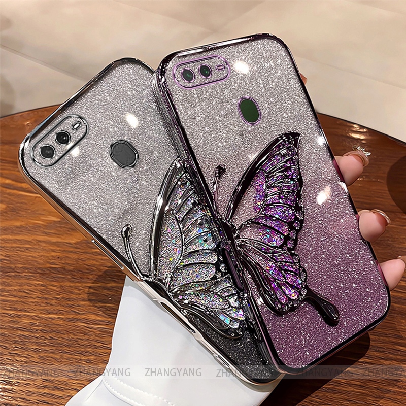 สําหรับ OPPO A5s A12 A7 F9 Electroplating glitter ซิลิโคนเคสโทรศัพท์ความงามผีเสื้อ patch TPU นุ่มกรณี