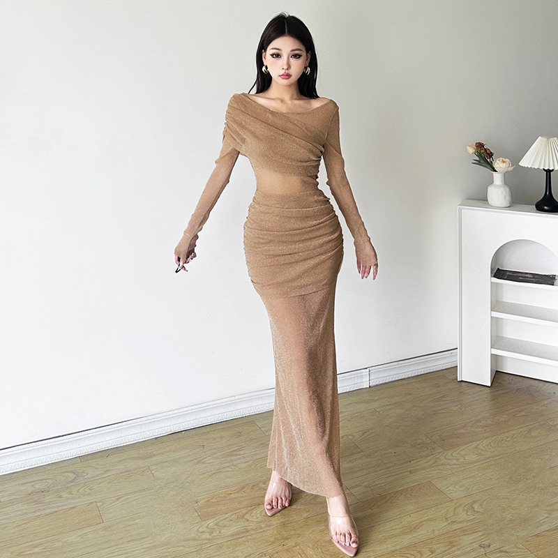 แปลก Puss ตาข่าย Bodycon ชุดสีทึบ Hollow Out แขนยาวสะโพกปิดไหล่ห่อหน้าอกรูปร่างไม่สม่ําเสมอสบายๆสาวเผ็ด