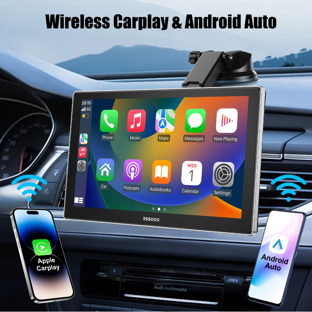 9 INCH Wireless Carplay เครื่องเล่นมัลติมีเดีย FHD เครื่องเล่นในรถยนต์แบบพกพา Android-Auto บลูทูธ IPS 2.5D หน้าจอสัมผัสวิทยุติดรถยนต์