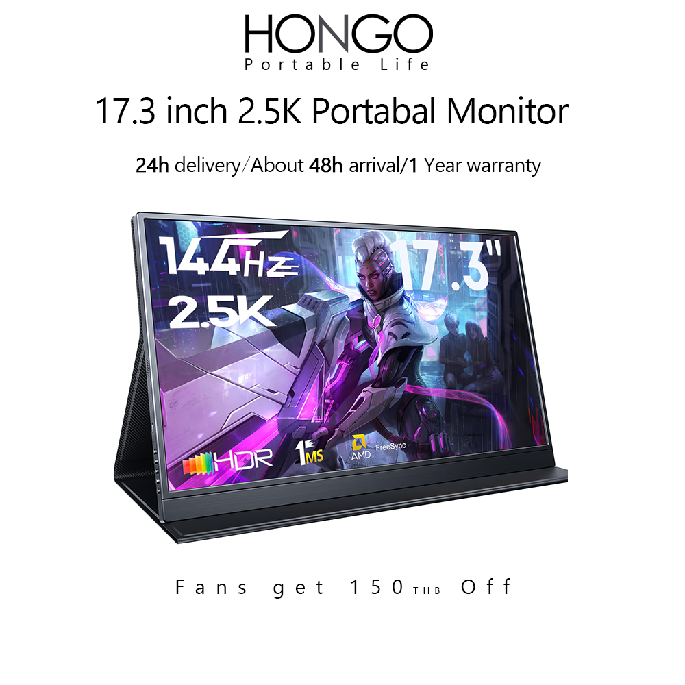 HONGO Gaming Portable Monitor, 17.3/14 นิ้ว 2.5k/1080P 144HZ IPS Portable Laptop Monitor, Second Screen Dual USB C HDMI Computer Gaming Display with Speaker and Smart Cover, Travel Monitor f