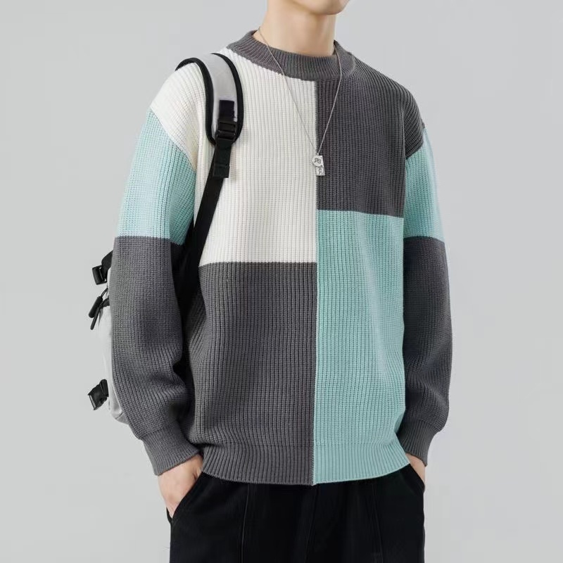 แฟชั่นถักคอลูกเรือเสื้อกันหนาวแขนยาว,เสื้อวอร์มลําลองทรงหลวมสําหรับผู้ชาย