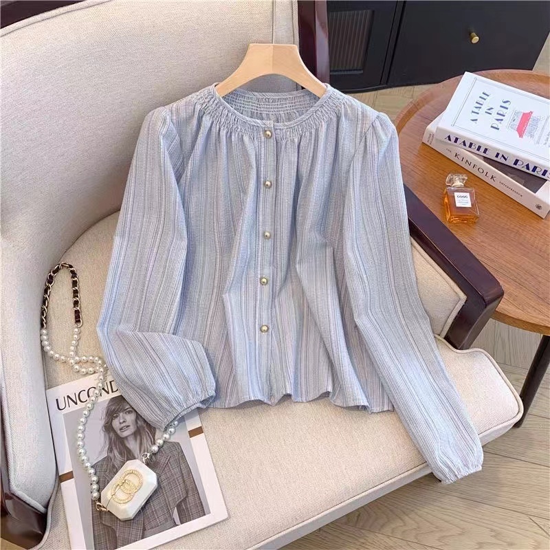 เกาหลี ผู้หญิง แฟชั่น ย้อนยุค หลวม เสื้อเชิ้ตแขนยาว ลําลอง รอบ ปก ลายทาง เสื้อ