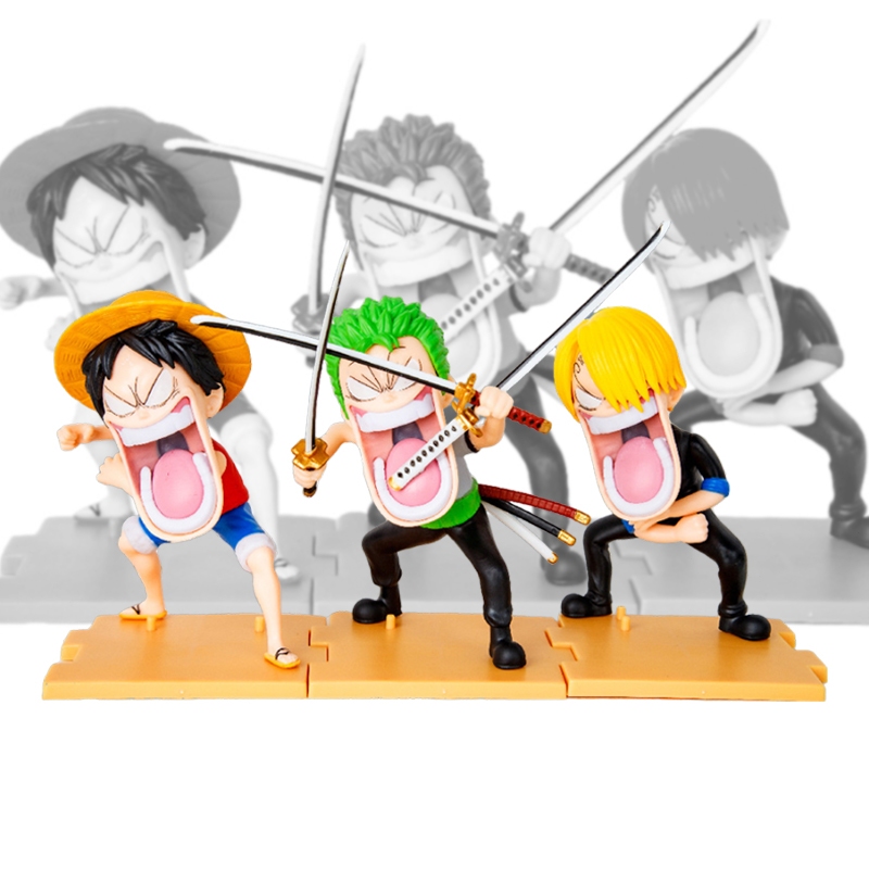 12 ซม.One Piece อะนิเมะรูป Hunger Triple Luffy Zoro Sanji รุ่น Q ตลกตัวเลขการกระทํา PVC ตุ๊กตาของเล่นรูปปั้นเด็กของขวัญ