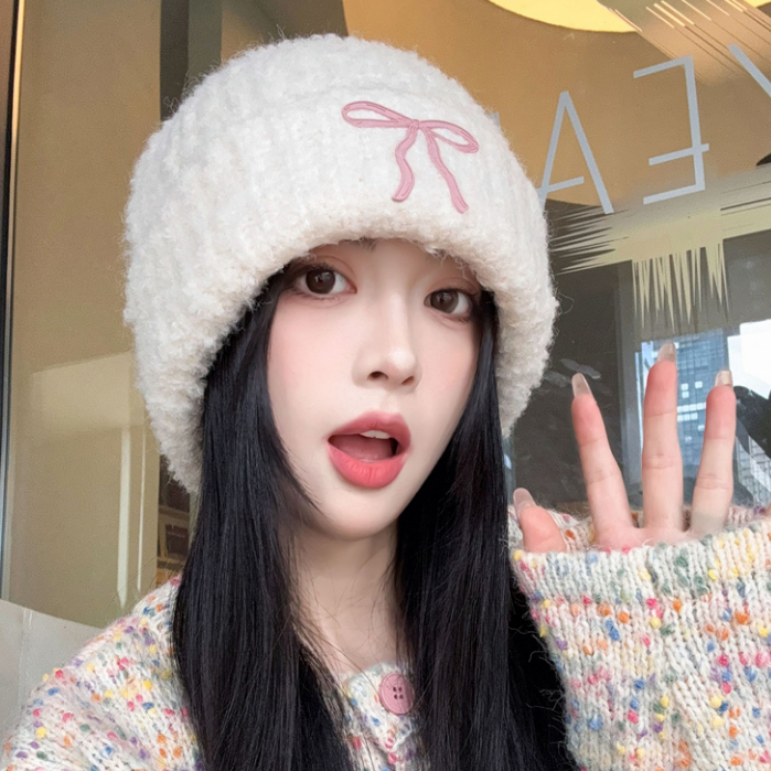 หมวกผู้หญิงฤดูใบไม้ร่วงฤดูหนาวหมวกขนสัตว์เกาหลีรุ่นสไตล์ใหม่น่ารักโบว์ ทั้งหมด-จับคู่ เย็นหมวกป้องกันหูอบอุ่นถักหมวกอินเทรนด์
