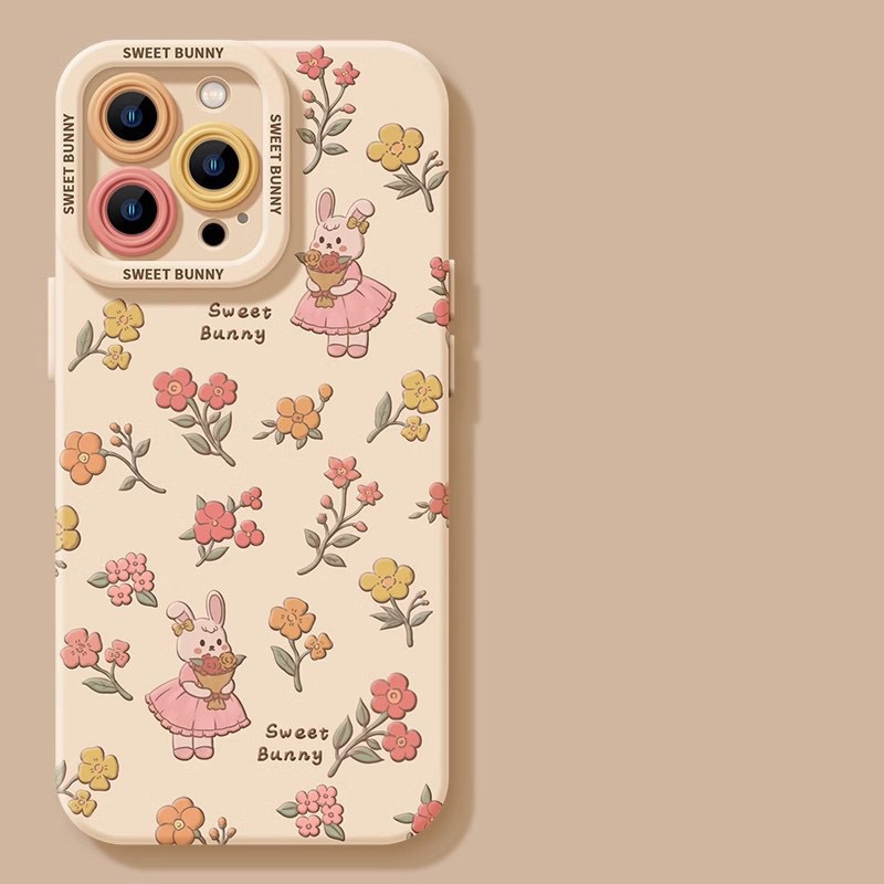 สําหรับ iPhone Case 11 PRO MAX IP12 IP13 IP14plus ดอกไม้ขนาดเล็กและกระต่าย IP6 7 8 IPX IPXS MAX เรียบง่ายสไตล์มวลกรอบกล้องทนทานและกันกระแทก