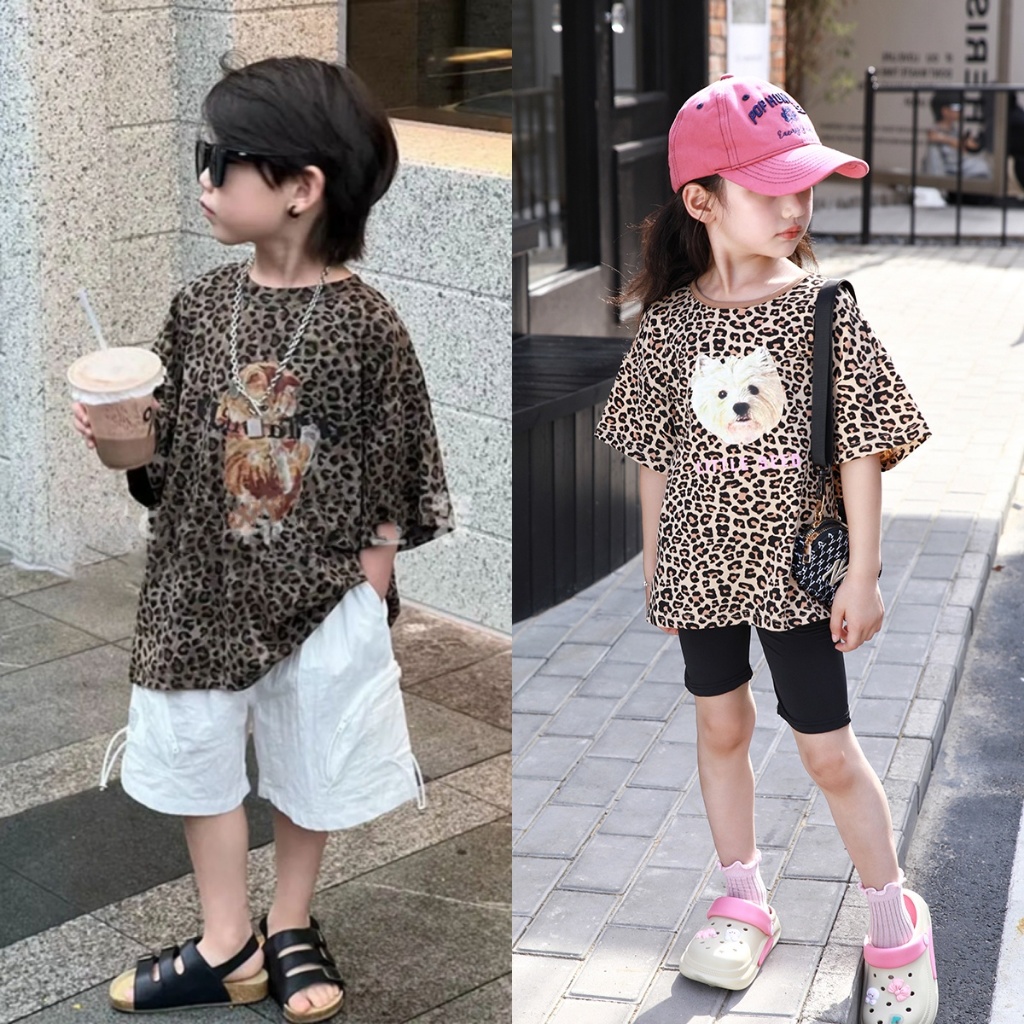 เสื้อยืดเด็กโต สไตล์เกาหลีเสือดาวพิมพ์เสื้อยืดเด็กเสื้อ ไม่จํากัดเพศ ชายหญิงเสื้อดูดซับเหงื่อ ที่รัก แม่[ขนาด 90-150]
