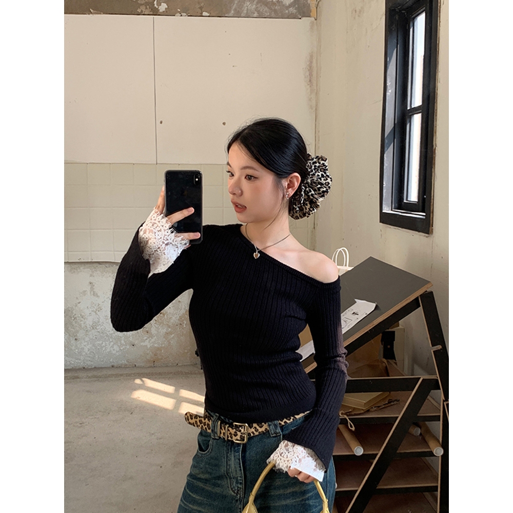 NZN เสื้อกันหนาวสีดําผู้หญิงฤดูใบไม้ร่วงฤดูหนาวแขนยาวไหล่เอียงสลิมฟิตปลอมสองชิ้นถักด้านบน