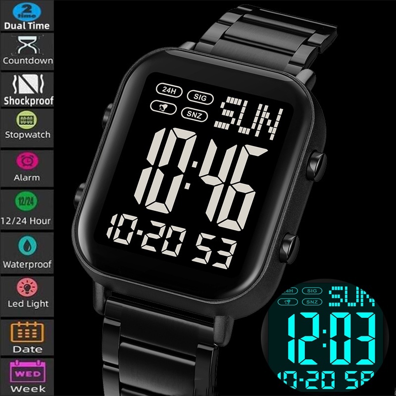 Skmei Dual Time สร้อยข้อมือนาฬิกาสายสแตนเลสหรูหรา LED Light นาฬิกาปลุกบุรุษดิจิตอลกันน้ําชั่วโมง