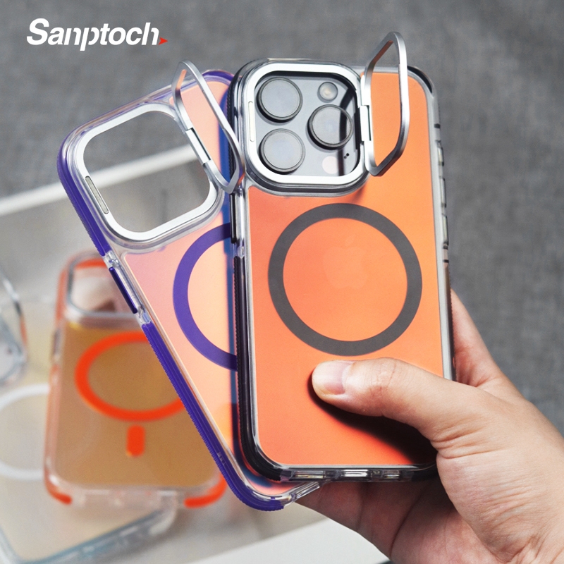 Sanptoch สําหรับขาตั้งเลนส์แม่เหล็กเคสโทรศัพท์สําหรับ iPhone 16 15 14 13 12 Pro Max เลเซอร์ป้องกันลายนิ้วมือฝาหลังทหาร Drop ปลอกป้องกันพร้อมที่ใส่กล้องโลหะ