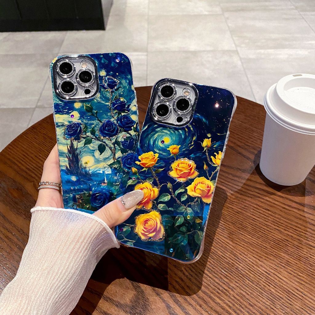 ขั้นสูง rhinestone Blue rose พร้อมฟิล์มเลนส์เคสโทรศัพท์ TPU เหมาะสําหรับเคส iPhone 15promax 15plus 13promax 14promax 12promax 14plus 11promax 15 14 13 12 11 ปลอก
