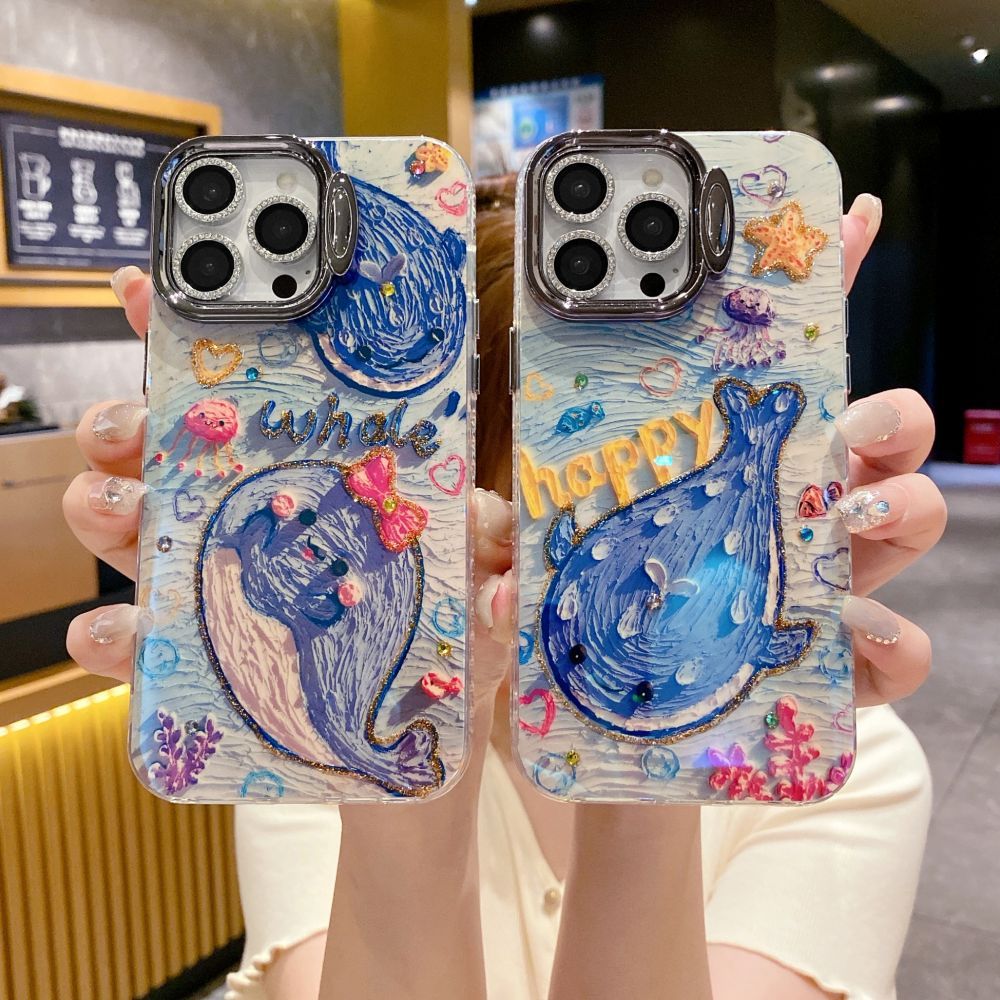 ขั้นสูง rhinestone วาฬสีฟ้าพร้อมฟิล์มเลนส์เคสโทรศัพท์TPUเหมาะสําหรับเคสiPhone 11 15plus 16promax 15promax 14promax 13pro 12promax 11promax 12 13 14 15 16ปลอก
