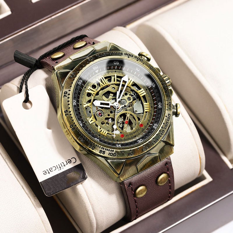นาฬิกาข้อมือผู้ชาย Retro Bronze Automatic พร้อมสายหนัง Skeleton และสายหนังสีน้ําตาล