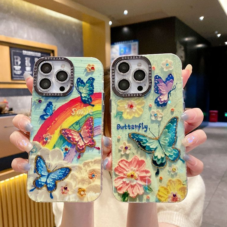 ผีเสื้อ rhinestone ขั้นสูงสีสันสดใส พร้อมฟิล์มเลนส์เคสโทรศัพท์ TPU เหมาะสําหรับเคส iPhone 16promax 15plus 15promax 14promax 12promax 11promax 16 15 14 13 12 11 ปลอก