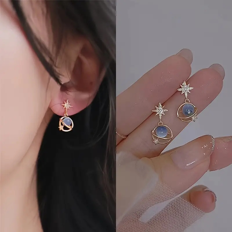Jushi Blue Moon Planet ต่างหูผู้หญิงแฟชั่น Vintage ของขวัญอุปกรณ์เสริม