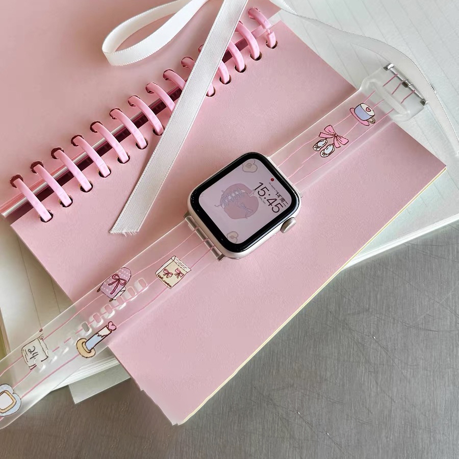 สีชมพูลายโบว์เทียนสําหรับ แอปเปิล ดู พิเศษ 8 7 49 มม. 45 มม. 40 มม. 41 มม. 44 มม. ฉันดู ชุด กับ 6 5 4 3 2 1 ทีพียู สายซิลิโคนใส