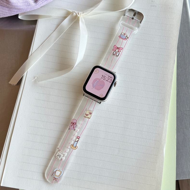 สีชมพูลายโบว์เทียนสําหรับ แอปเปิล ดู พิเศษ 8 7 49 มม. 45 มม. 40 มม. 41 มม. 44 มม. ฉันดู ชุด กับ 6 5 4 3 2 1 ทีพียู สายซิลิโคนใส