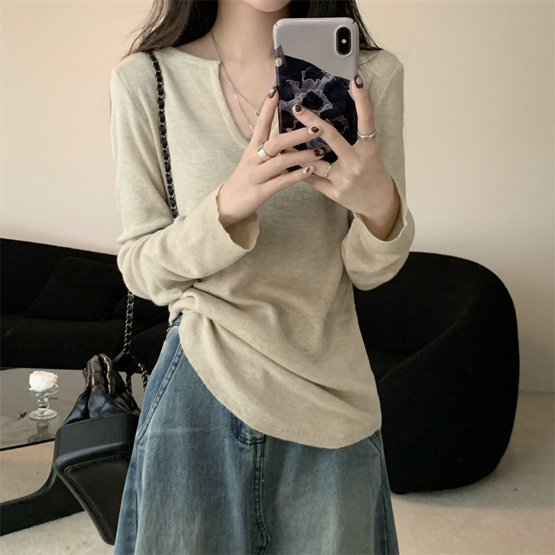 NZN ใหม่หลวมด้านบนสําหรับฤดูใบไม้ร่วงคอวีแขนยาวสีทึบถัก