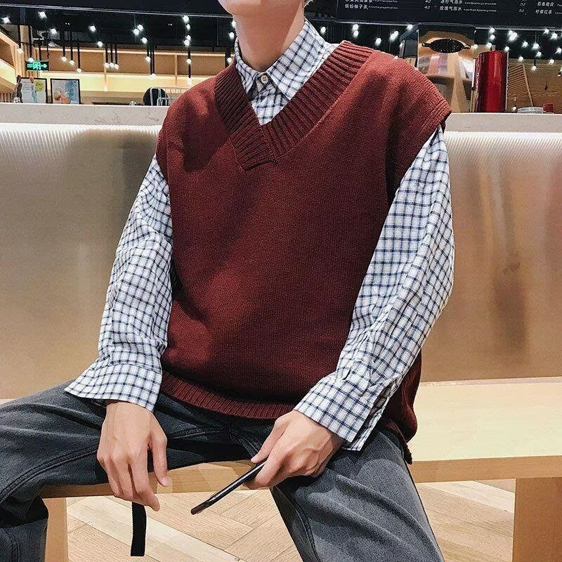 ฤดูใบไม้ร่วงฤดูหนาวสไตล์ญี่ปุ่นคอวีเสื้อกันหนาวเสื้อกั๊กผู้ชายเสื้อถักหลวมเสื้อสวมหัวเสื้อกันหนาวเสื้อกั๊กผู้ชายสีทึบกระโหลกสไตล์ด้านบนผู้ชายม-xxl