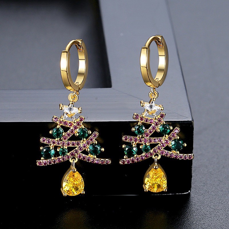 Zircon Merry Xmas Christmas Tree ต่างหู Rhinestone ต่างหูสําหรับผู้หญิงแฟชั่นเครื่องประดับของขวัญ 18k Gold Plated