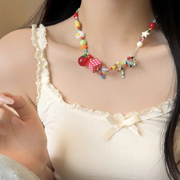 แฟชั่นเกาหลีดาวสีสันสดใสสร้อยคอลูกปัดโบว์หญิงอินประณีตของขวัญวันเกิดนักเรียน y2k