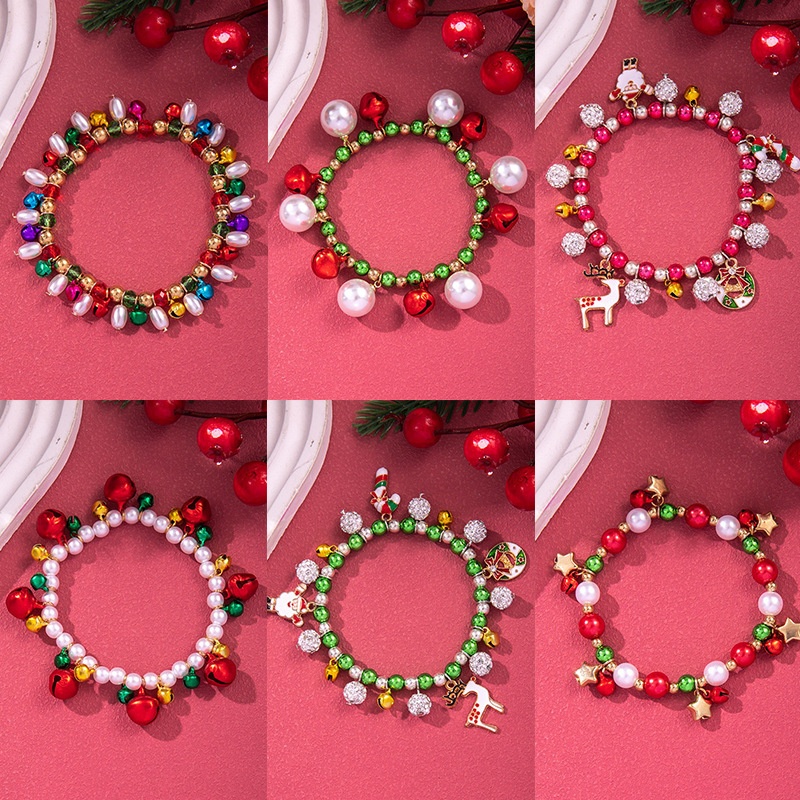 แฟชั่นต้นคริสต์มาส Elk Bell Snowflake Pearl คริสตัลลูกปัดสร้อยข้อมือยืดหยุ่นผู้หญิง Xmas Party ของขวัญ