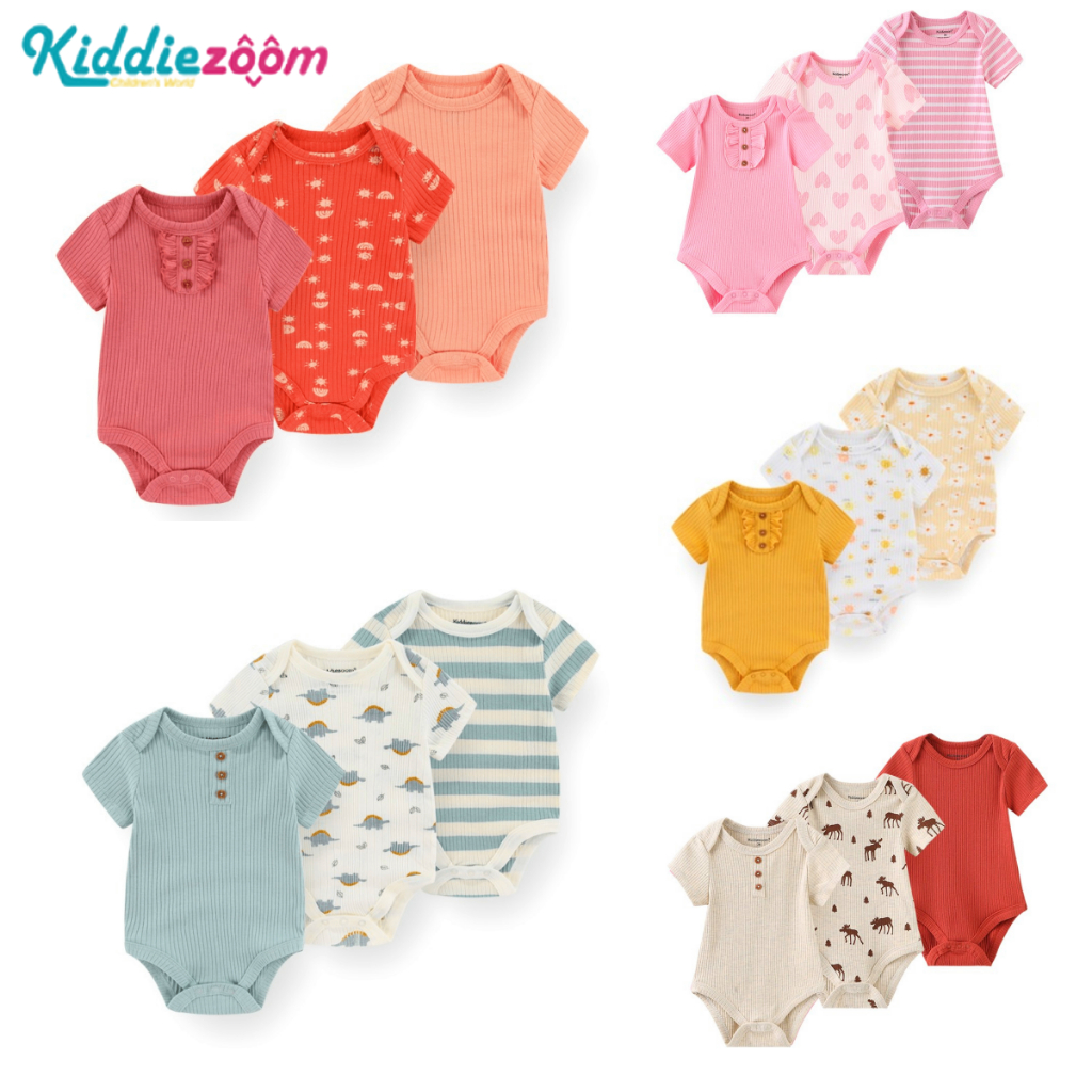 Kiddiezoom 3pcs ทารก เด็กผู้ชาย เสื้อผ้า แขนสั้น บอดี้สูท การ์ตูน เด็กแรกเกิด จั๊มสูท ทารก เด็กผู้หญิง เด็กวัยเดิน เสื้อผ้า ฝ้าย