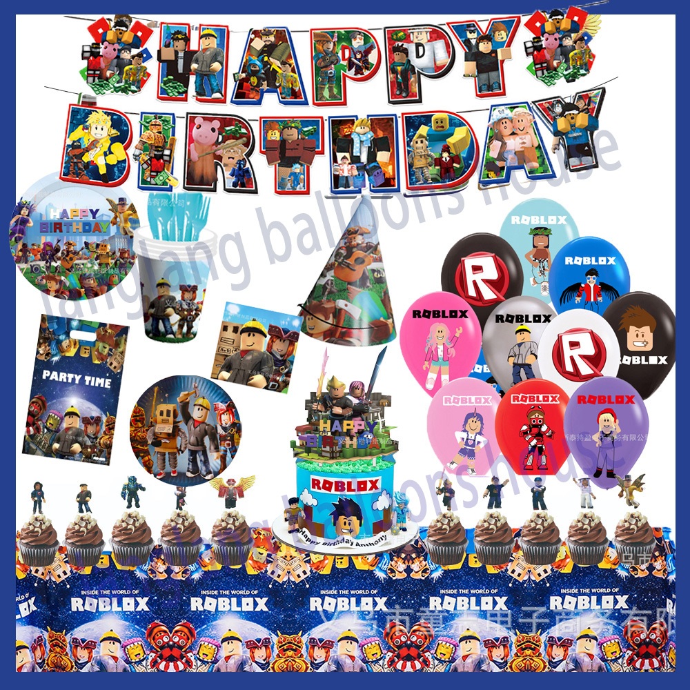 Roblox แบนเนอร์บอลลูนชุด Roblox Themed ทิ้งวันเกิดบนโต๊ะอาหาร Roblox วันเกิดสําหรับ Boys Birthday Party ตกแต่ง