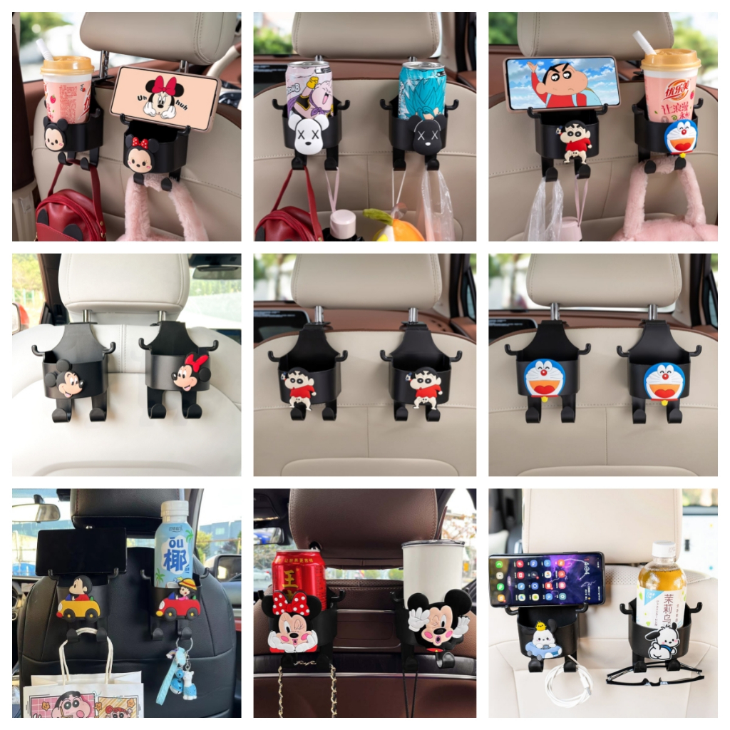 2 ชิ้นมัลติฟังก์ชั่ที่วางแก้วน้ําในรถกับรถกระเป๋าตะขอและที่วางโทรศัพท์,รถที่นั่งกลับตะขอตัดการ์ตูนสําหรับร่ม,คีย์,กระเป๋า,เสื้อผ้า