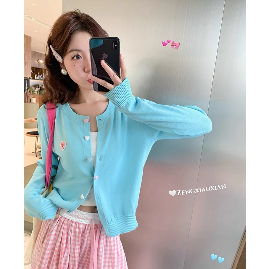 เสื้อคาร์ดิแกนถักแขนยาวสีฟ้าอ่อนสไตล์เกาหลี