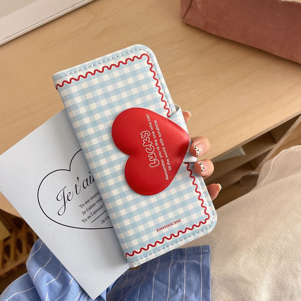 Insลายสก๊อตสีฟ้าสีแดงlove Heart Flipหนังเคสโทรศัพท์สําหรับIPhone 16 15 14 13 Pro Max 15 ProMax 16Proช่องใส่การ์ดฝาครอบ