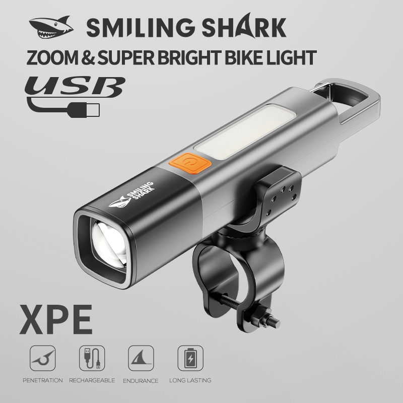 SmilingShark SD1023 ไฟจักรยาน พวงกุญแจไฟฉาย มีด้านซัง ซุปเปอร์ไบรท์ ไฟจักรยาน ซูมได้ 3โหมด Type-C ชาร์จใหม่ได้ กันน้ำสำหรับการขี่จักรยานกลางคืนแคมป์ปิ้ง