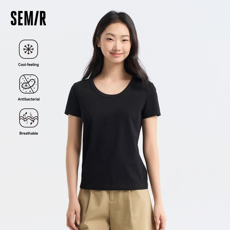 Semir เสื้อยืดผู้หญิง เสื้อยืดแขนสั้น เปิดไหล่ เข้ารูป ป้องกันแบคทีเรีย สีพื้น แฟชั่นฤดูร้อน สําหรับผู้หญิง 2024