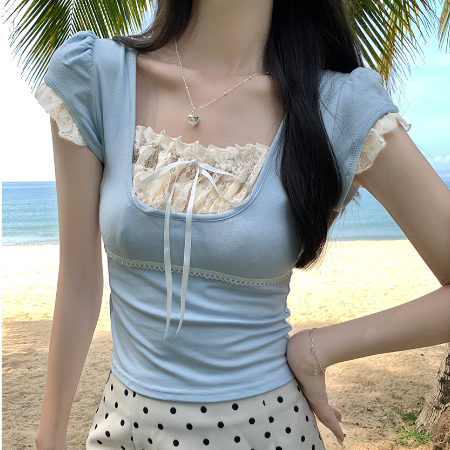 Bh Summer เสื้อยืดแขนสั้นผ้าฝ้ายประกบลูกไม้ผู้หญิงคอเหลี่ยมสลิมสั้น