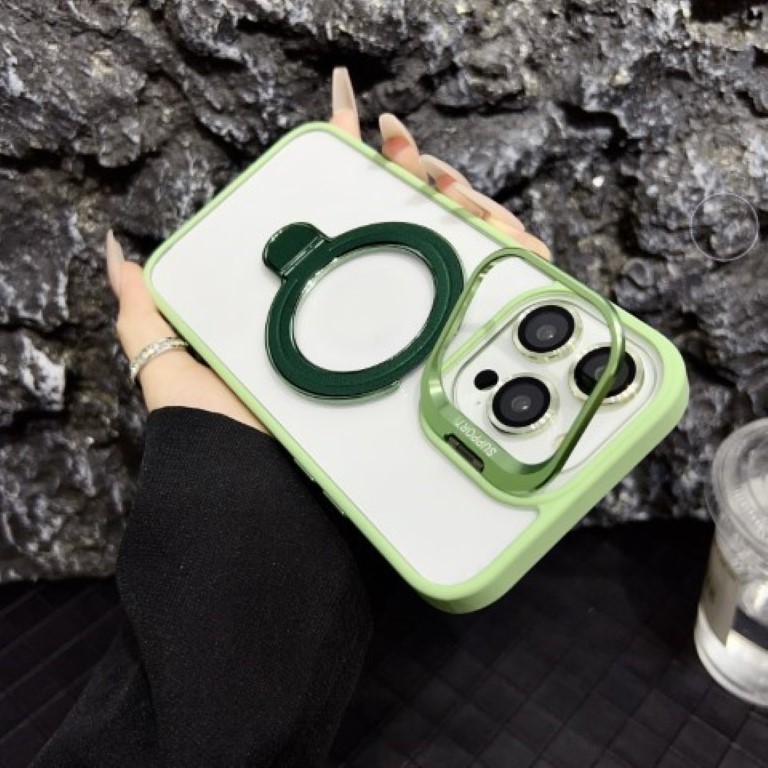 เคสแม่เหล็ก ขาตั้งคู่ กรอบเลนส์+หลังเคส เคสไอโฟน (สีเขียวอ่อน) Case magnet lens frame + back stand For iPhone 11 / 12 / 13 / 14 / 15 / 16
