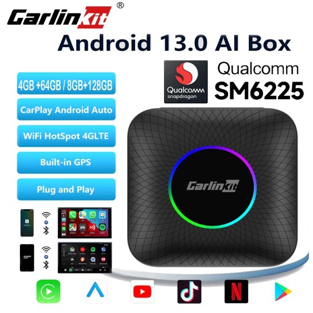 Carlinkit CarPlay Ai กล่องทีวีไร้สาย Android 13 8+128GB QCM 8-Core 6225 Android Auto YouTube Netflix