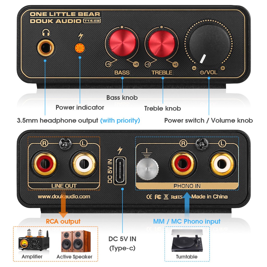 ใหม่ Douk Audio T14-EQ สเตอริโอ RIAA MM/MC Phono Stage Preamp Home Turntables Preamplifier พร้อม 3.5 มม.หูฟัง Amp