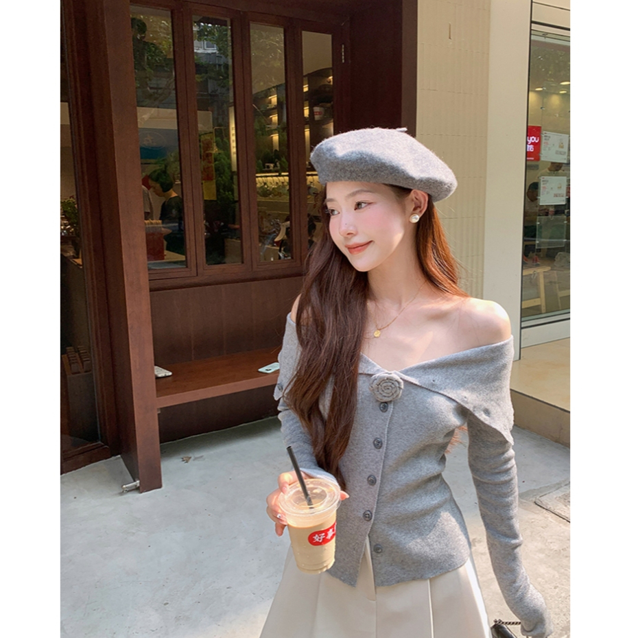 loveflower เสื้อคาร์ดิแกนสเวตเตอร์ไหล่เดียวสีเทาเกาหลีด้านบนสไตล์ฝรั่งเศสอ่อนโยน